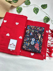 Stunning red cotton handloom saree with black printed blouse - Cotton Dori