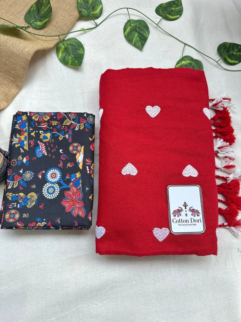 Stunning red cotton handloom saree with black printed blouse - Cotton Dori