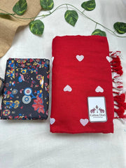 Stunning red cotton handloom saree with black printed blouse - Cotton Dori
