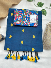 Space blue cotton handloom saree with flower printed blouse - Cotton Dori