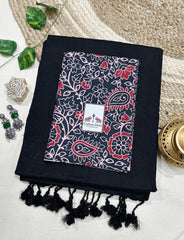 Premium Handloom Cotton Saree - Royal black cotton saree with flower printed blouse - Cotton Dori