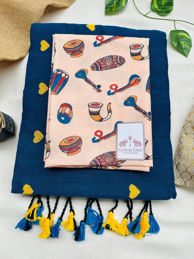 Sapphire blue cotton handloom saree with traditional printed blouse - Cotton Dori