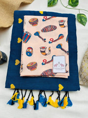 Sapphire blue cotton handloom saree with traditional printed blouse - Cotton Dori