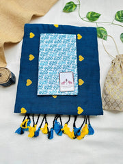 Classic blue cotton embroidered handloom saree with beautiful printed blouse - Cotton Dori