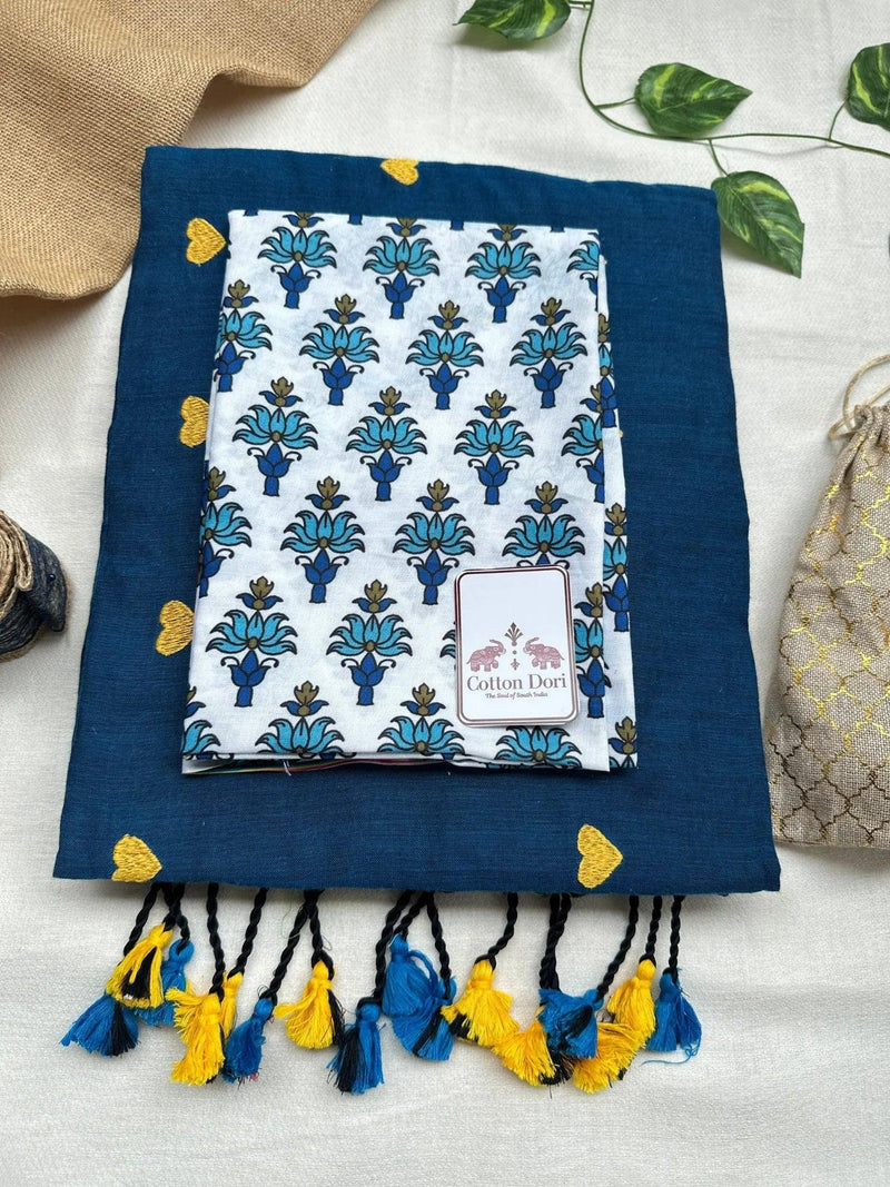 Dark sapphire blue cotton saree with white printed blouse - Cotton Dori