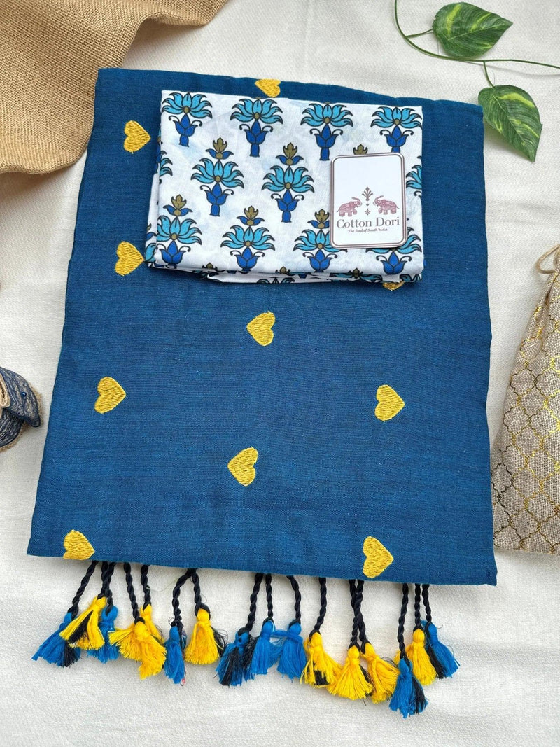 Dark sapphire blue cotton saree with white printed blouse - Cotton Dori