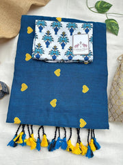 Dark sapphire blue cotton saree with white printed blouse - Cotton Dori