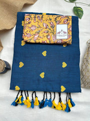 Teal blue cotton Handloom saree with yellow printed blouse - Cotton Dori