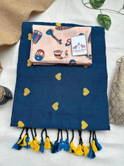 Sapphire blue cotton handloom saree with traditional printed blouse - Cotton Dori