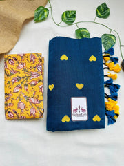 Teal blue cotton Handloom saree with yellow printed blouse - Cotton Dori