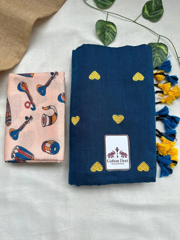 Sapphire blue cotton handloom saree with traditional printed blouse - Cotton Dori
