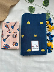 Sapphire blue cotton handloom saree with traditional printed blouse - Cotton Dori
