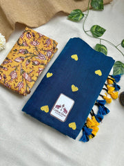 Teal blue cotton Handloom saree with yellow printed blouse - Cotton Dori