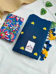 Space blue cotton handloom saree with flower printed blouse - Cotton Dori