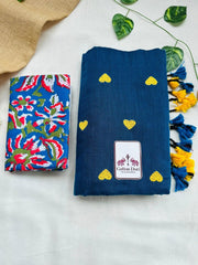 Space blue cotton handloom saree with flower printed blouse - Cotton Dori