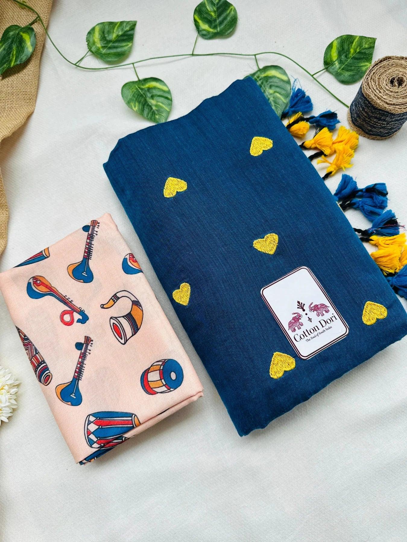 Sapphire blue cotton handloom saree with traditional printed blouse - Cotton Dori