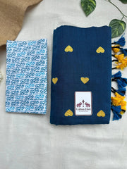 Classic blue cotton embroidered handloom saree with beautiful printed blouse - Cotton Dori