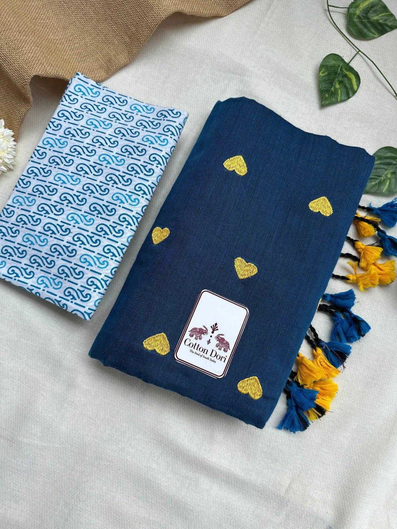 Classic blue cotton embroidered handloom saree with beautiful printed blouse - Cotton Dori