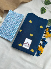 Classic blue cotton embroidered handloom saree with beautiful printed blouse - Cotton Dori
