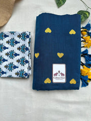 Dark sapphire blue cotton saree with white printed blouse - Cotton Dori
