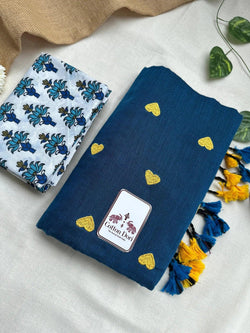 Dark sapphire blue cotton saree with white printed blouse - Cotton Dori