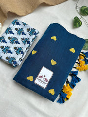 Dark sapphire blue cotton saree with white printed blouse - Cotton Dori