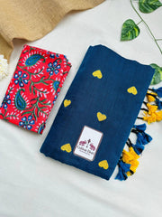Gorgeous cotton embroidered handloom saree with red floral printed blouse - Cotton Dori