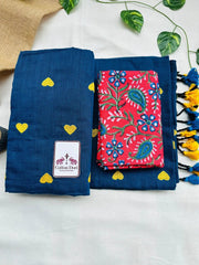 Gorgeous cotton embroidered handloom saree with red floral printed blouse - Cotton Dori