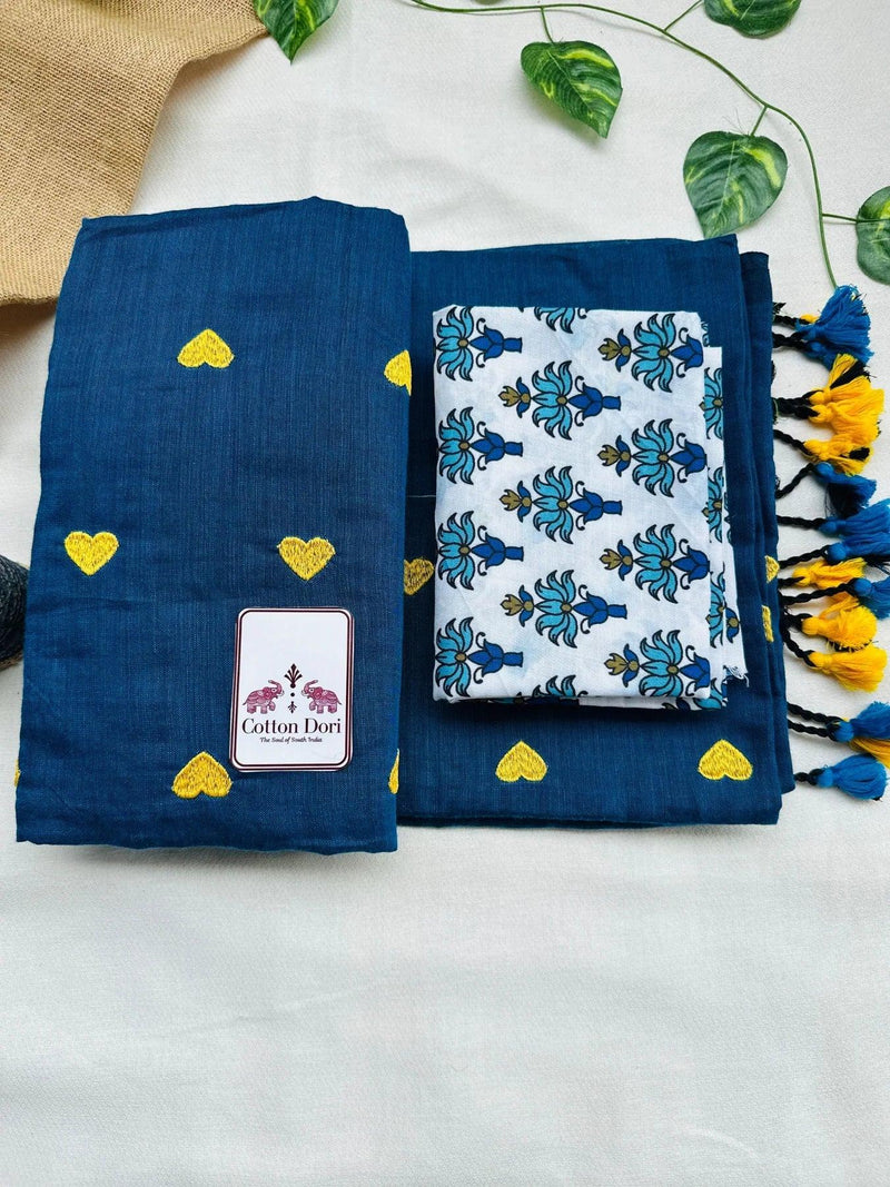 Dark sapphire blue cotton saree with white printed blouse - Cotton Dori