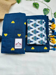 Dark sapphire blue cotton saree with white printed blouse - Cotton Dori