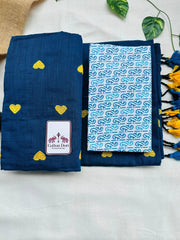 Classic blue cotton embroidered handloom saree with beautiful printed blouse - Cotton Dori