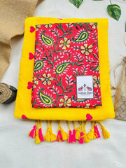 Bright yellow cotton handloom saree with red printed blouse - Cotton Dori