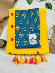 Golden yellow cotton handloom saree with blue printed blouse - Cotton Dori