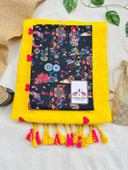 Sunrise yellow cotton handloom saree with black printed blouse - Cotton Dori