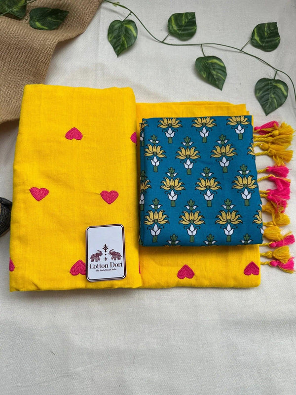Golden yellow cotton handloom saree with blue printed blouse - Cotton Dori