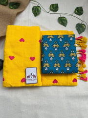 Golden yellow cotton handloom saree with blue printed blouse - Cotton Dori