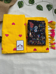 Sunrise yellow cotton handloom saree with black printed blouse - Cotton Dori