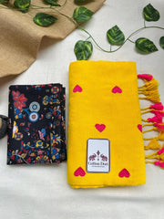 Sunrise yellow cotton handloom saree with black printed blouse - Cotton Dori