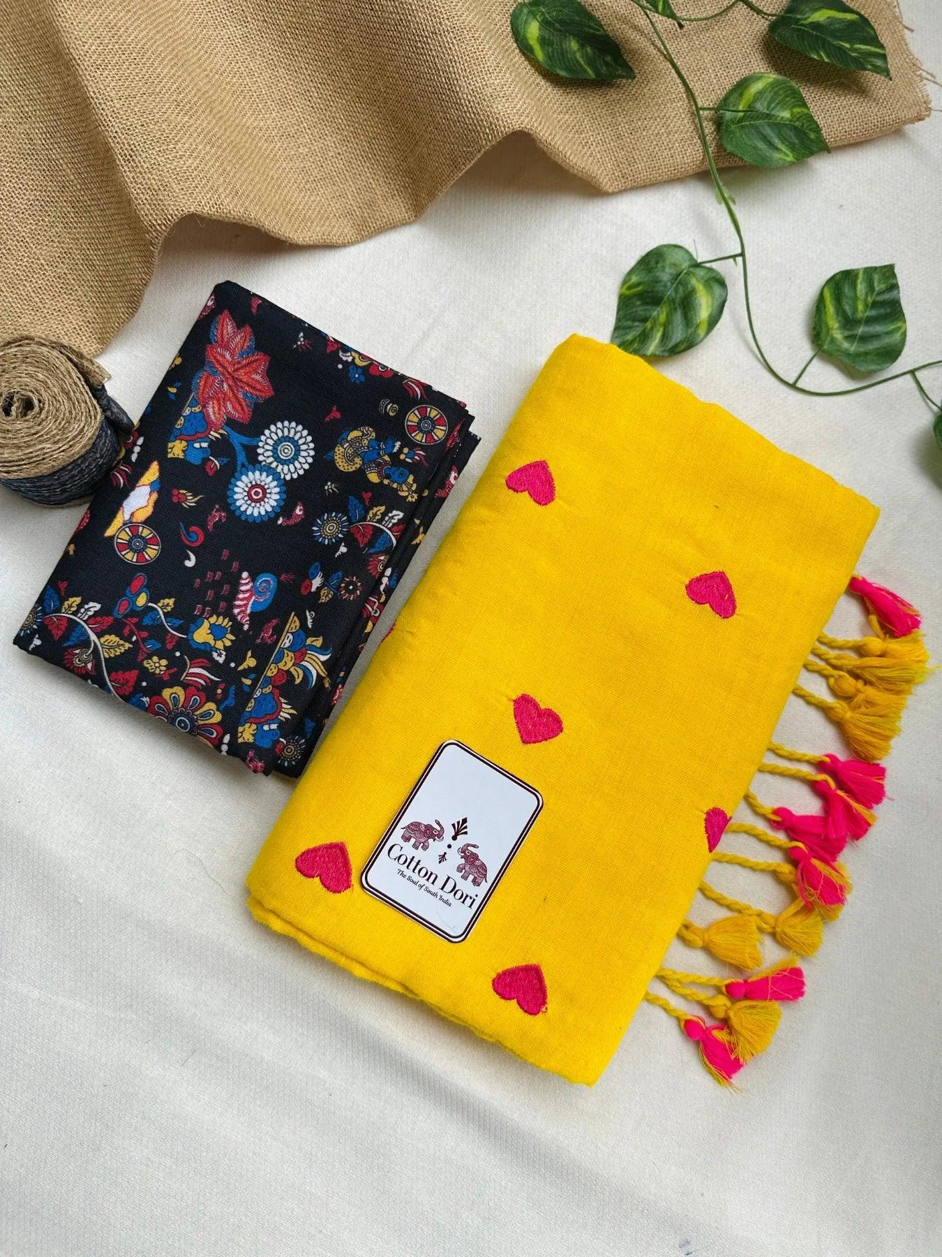 Sunrise yellow cotton handloom saree with black printed blouse - Cotton Dori