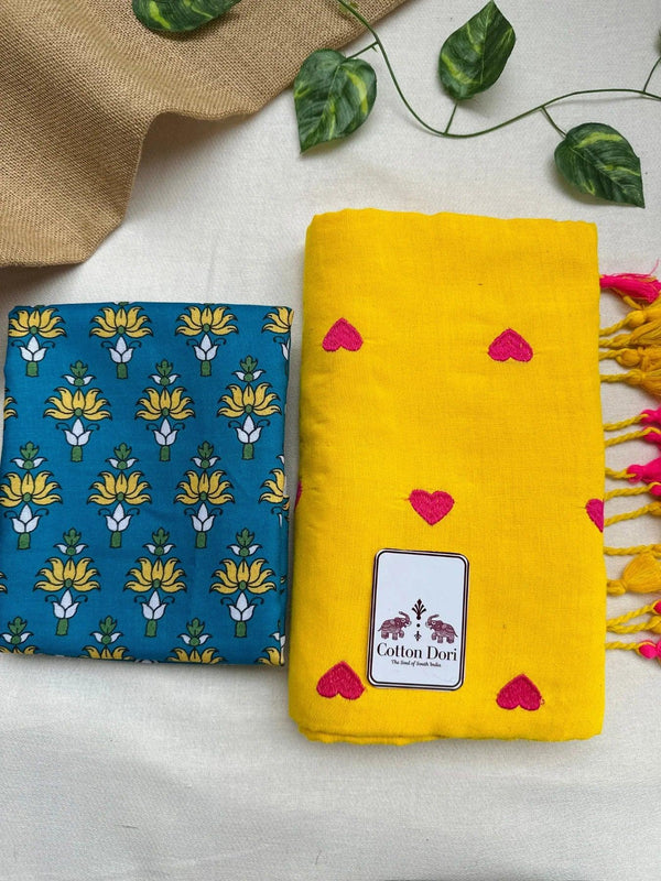 Golden yellow cotton handloom saree with blue printed blouse - Cotton Dori