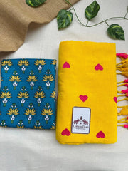 Golden yellow cotton handloom saree with blue printed blouse - Cotton Dori