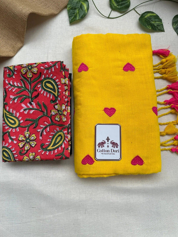 Bright yellow cotton handloom saree with red printed blouse - Cotton Dori