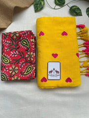 Bright yellow cotton handloom saree with red printed blouse - Cotton Dori