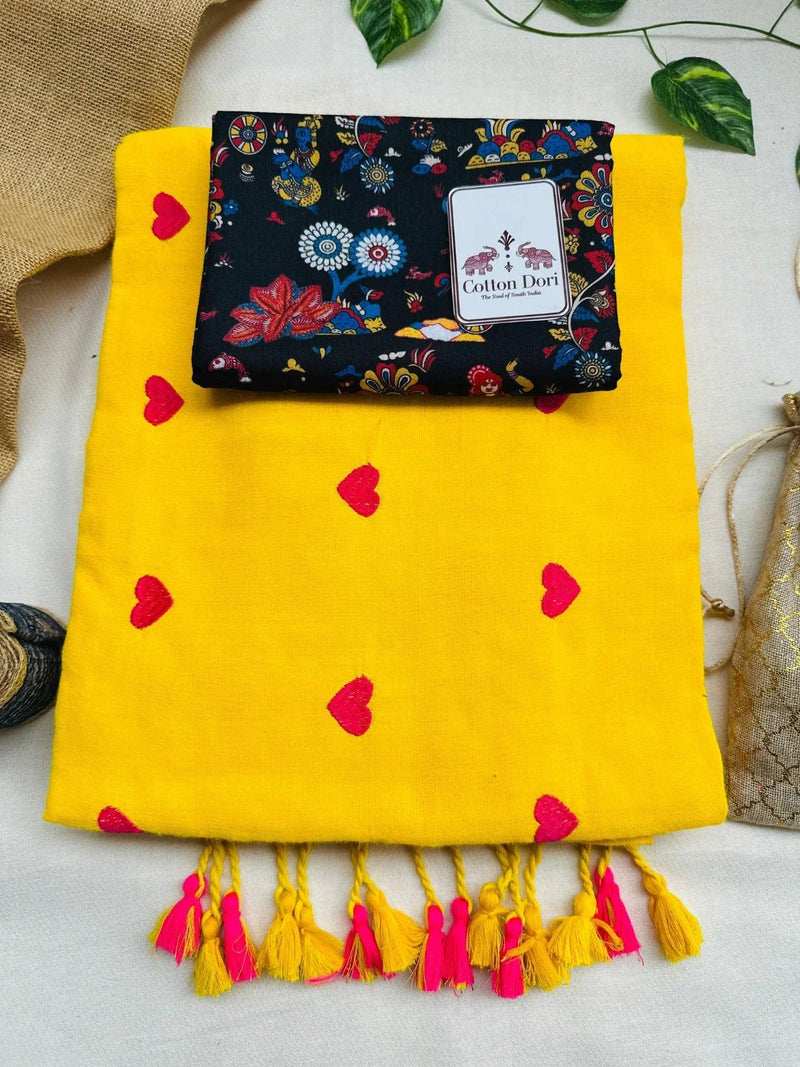 Sunrise yellow cotton handloom saree with black printed blouse - Cotton Dori