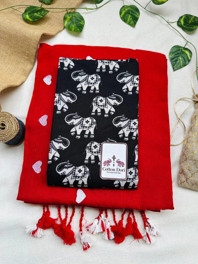 Rose red cotton handloom saree with black elephant printed blouse - Cotton Dori