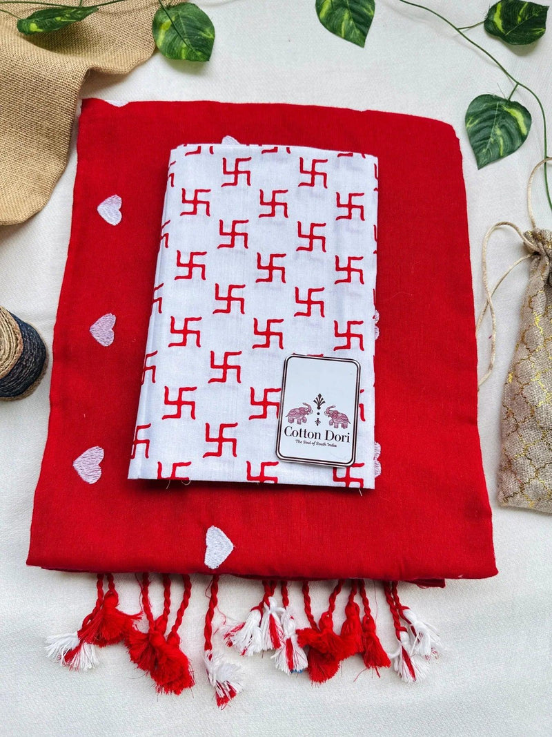 Beautiful cotton handloom saree with white printed blouse - Cotton Dori