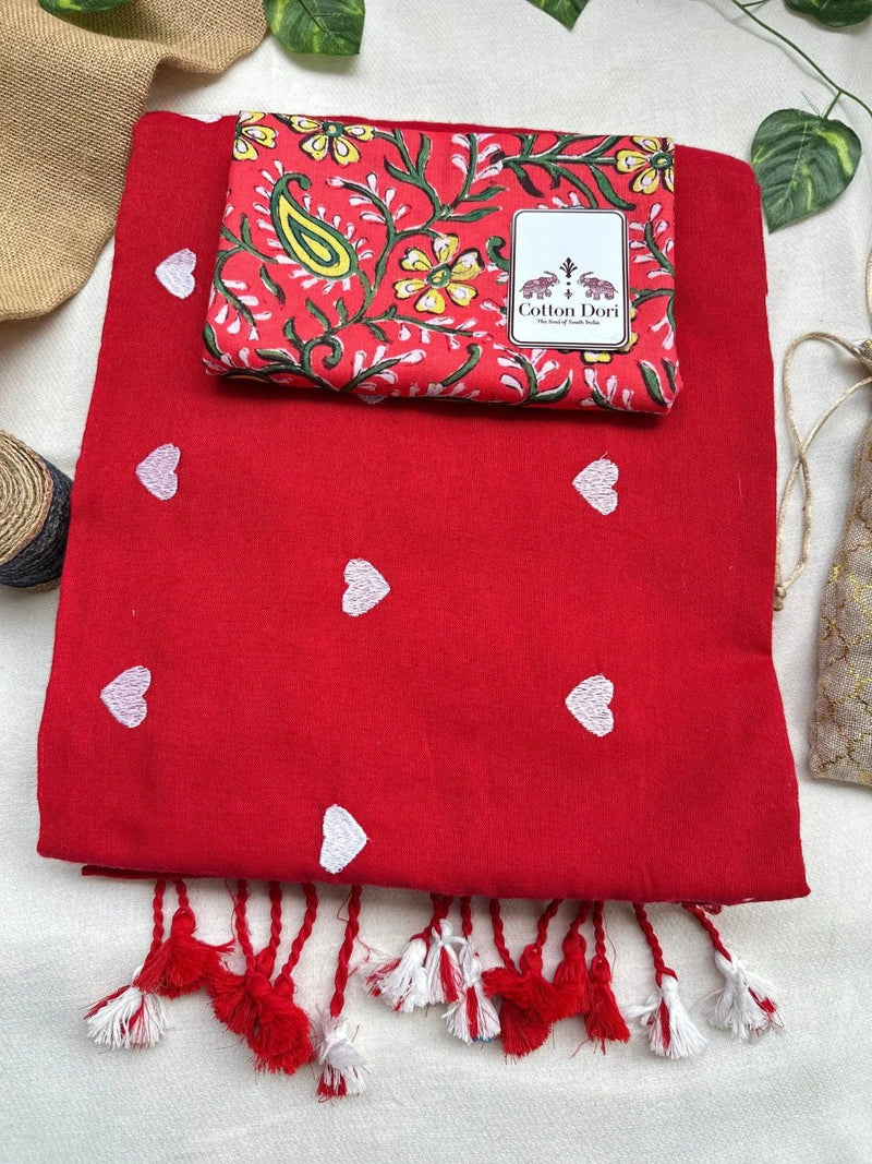 candy red cotton embroidered handloom saree with red floral printed blouse - Cotton Dori