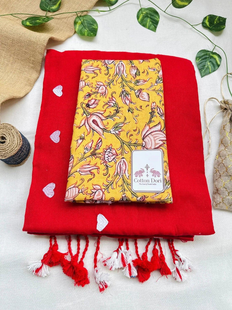 sunset red cotton handloom saree with beautiful printed blouse - Cotton Dori