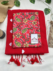 candy red cotton embroidered handloom saree with red floral printed blouse - Cotton Dori