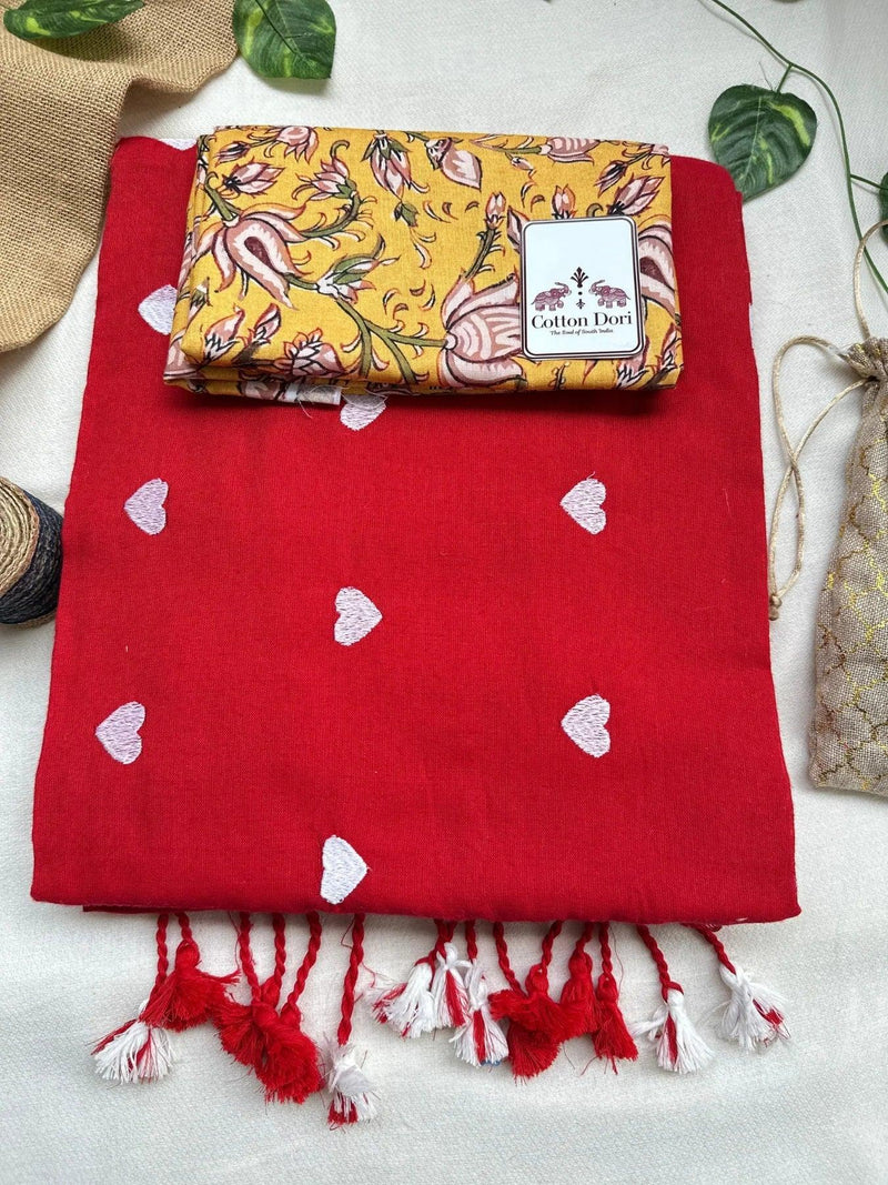 sunset red cotton handloom saree with beautiful printed blouse - Cotton Dori